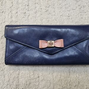 Tory Burch Dark Blue Clutch with Pink Bow